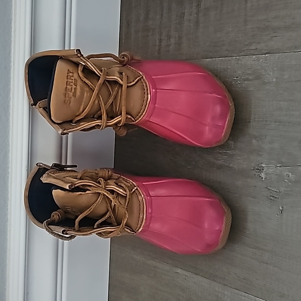 Pink and tan Sperry Boots
